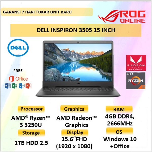 Jual Laptop Dell Inspiron 15 Inch 3505 Amd Ryzen 3 3250u 4gb 1tb Hdd