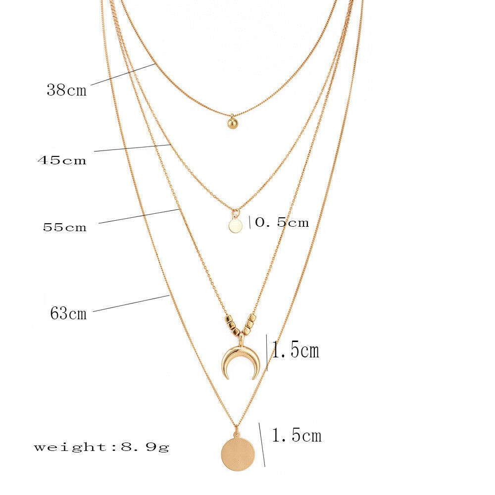 Kalung Rantai Multilayer Liontin Bulan Bintang Tanduk Hati Aksen Kristal Gaya Vintage