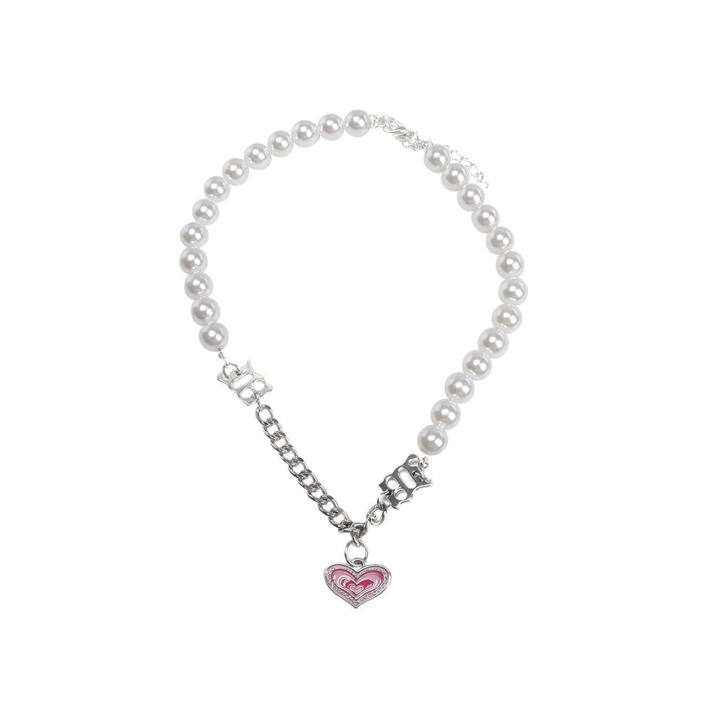 Y2K Fashion Girl Love Pearl Chain Bracelet Necklace Pink Love Heart Clavicle Chain