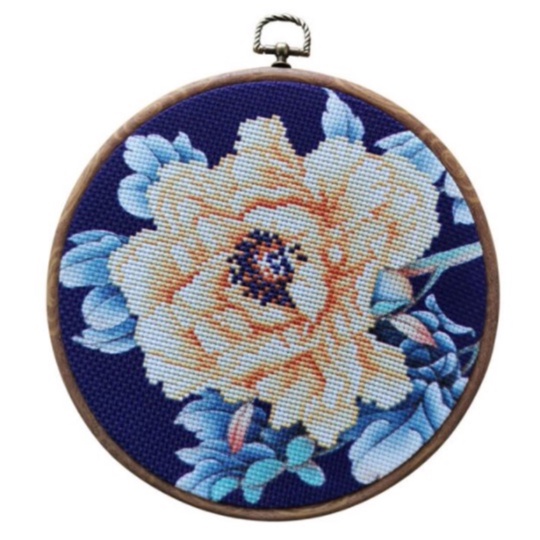 Paket Kristik Bunga Krem Latar Ungu + Hoop Pembidang [ Sulam Strimin Pola Kain Cross Stitch DIY ]