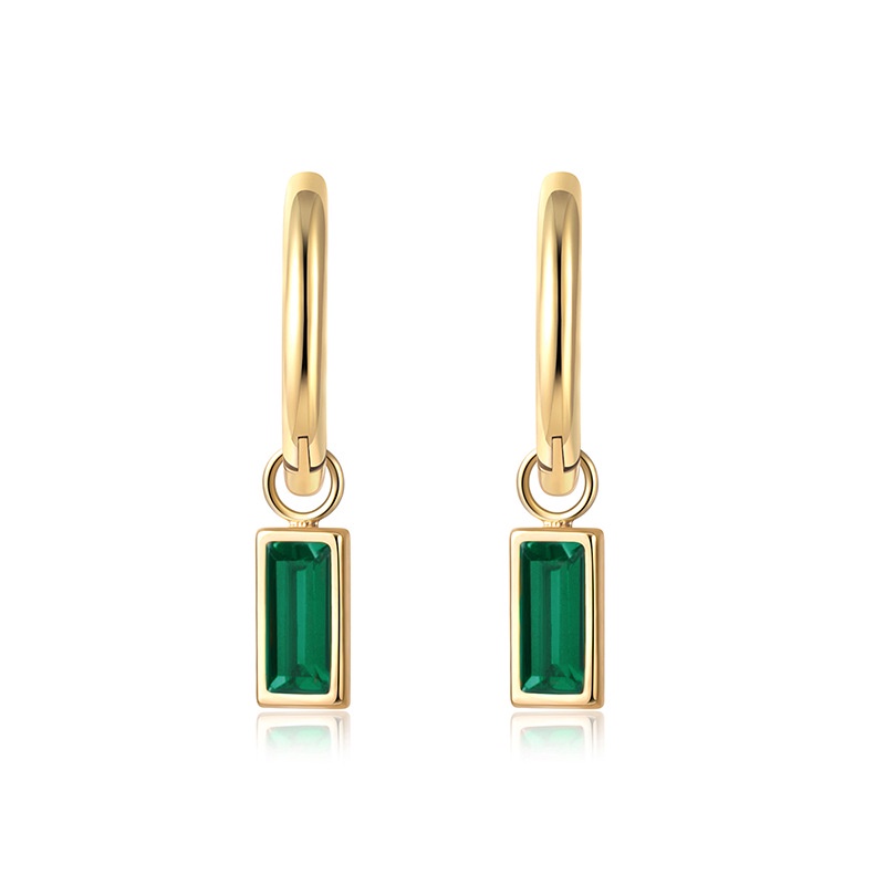 Emerald zirkon anting-anting persegi panjang liontin titanium baja telinga cincin emas 14K sederhana