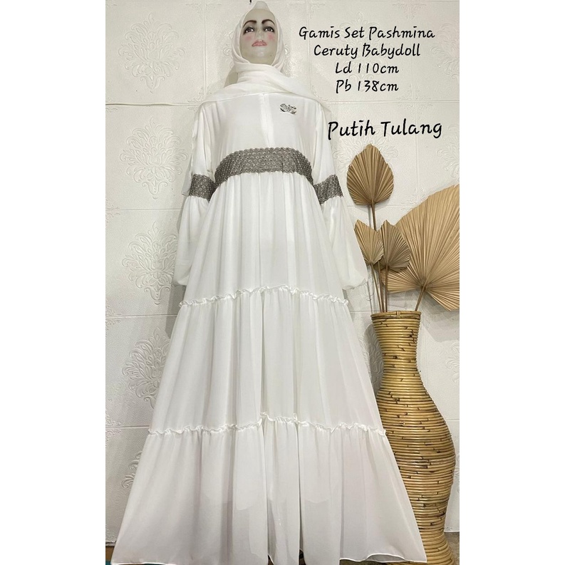 Gamis Set Pashmina Ceruty Babydoll | Gamis Variasi Renda | Gamis Busui Terlaris