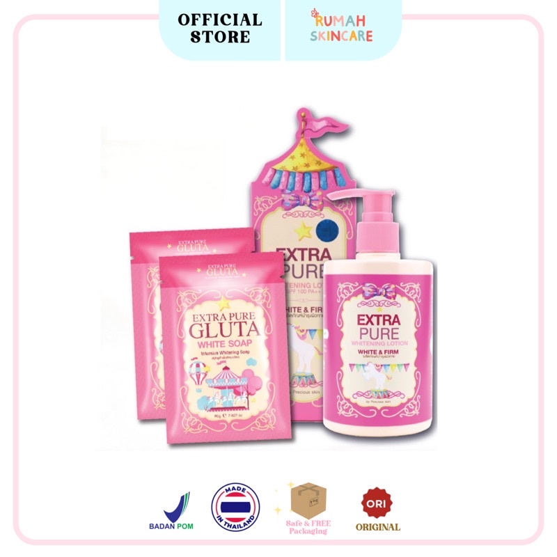 EXTRA PURE GLUTA WHITE Body Lotion SPF100 PA++ / Body &amp; Face Soap 80gr Sabun Batang (Precious Skin Whitening Handbody / Bodylotion / Lotion / Pemutih Badan 300ml