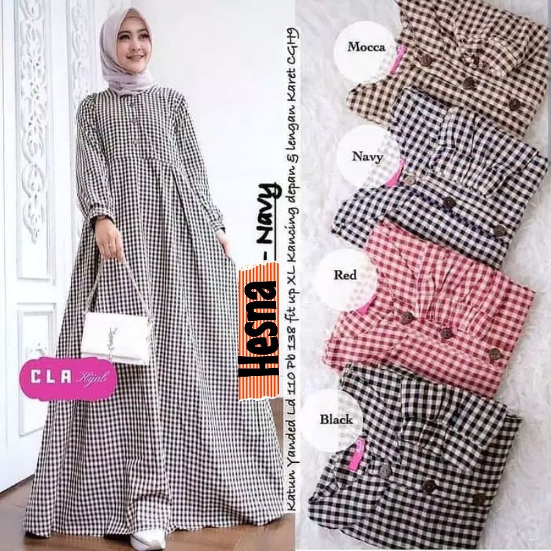 Baju Gamis Dress Wanita Muslim Motif Kotak Kancing Depan HESNA