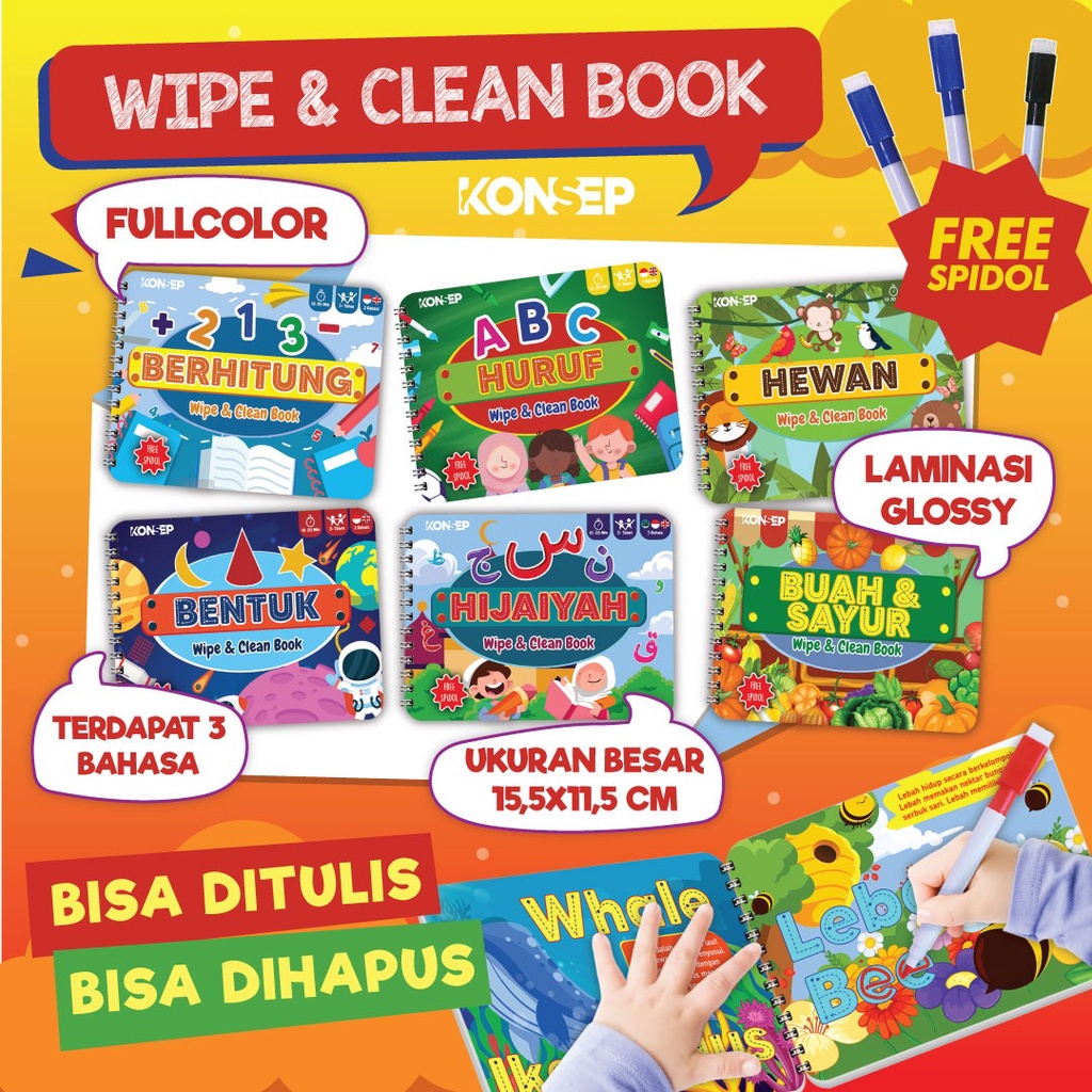 Konsep Wipe Clean Book ABC Huruf Buku Edukasi Anak Belajar Menulis Membaca Anak Paud TK Toodler