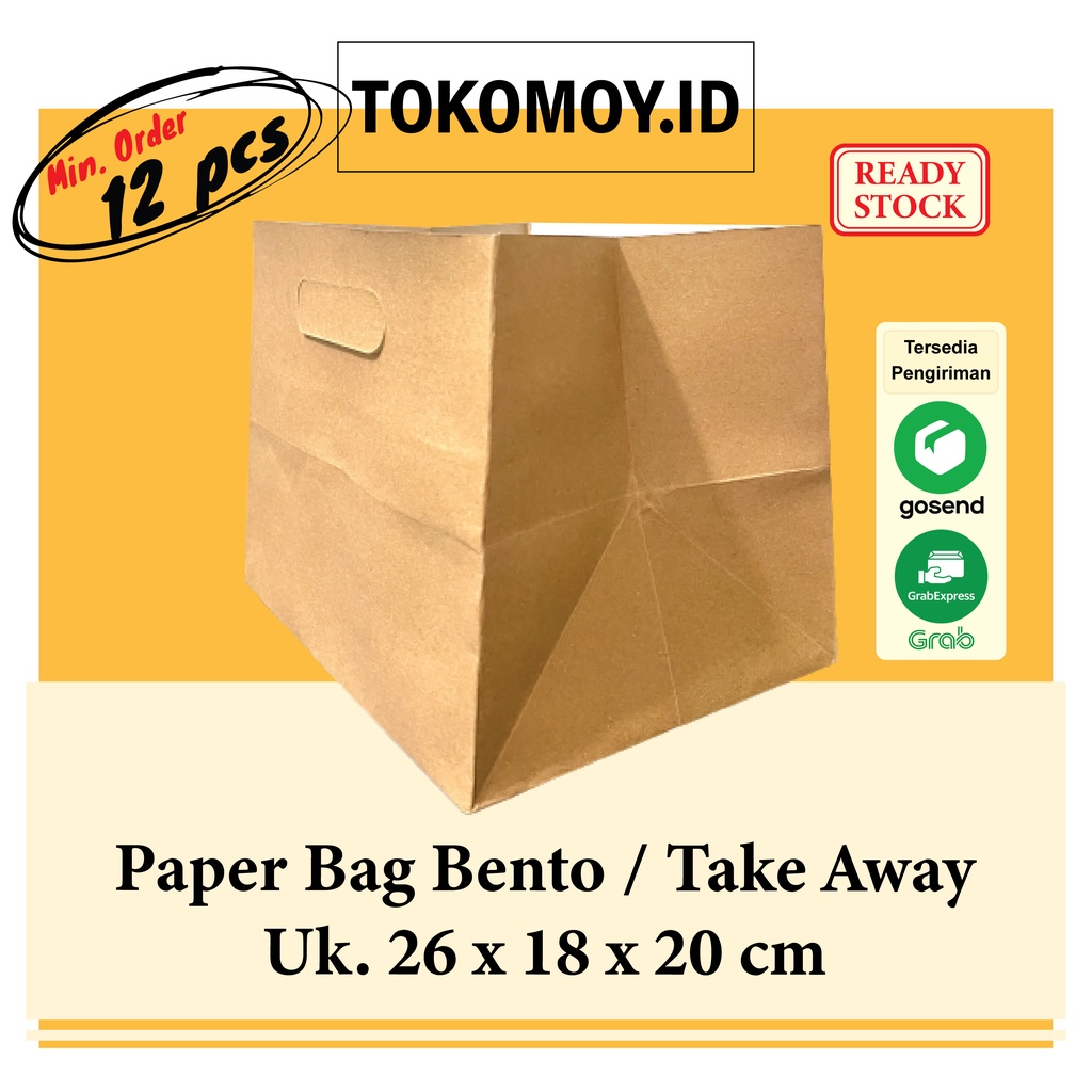 

(isi 12 pcs) Paper Bag Bento Box / Kantong Kertas Kraft Coklat - Take Away / Catering Nasi Kotak uk. 26x18x20 cm
