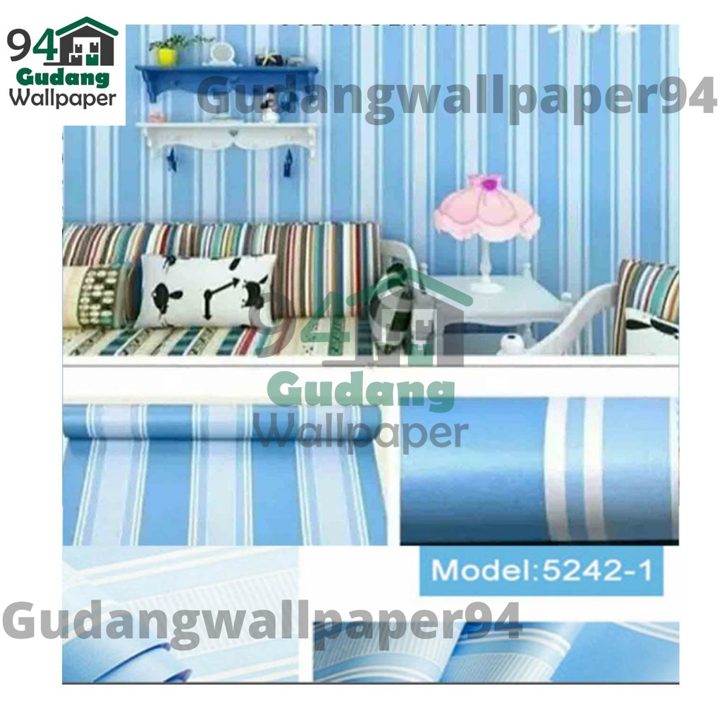 Gudang Wallpaper Sticker Dinding kamar Anti Air Murah Dan Terbaik Motif Salur Biru