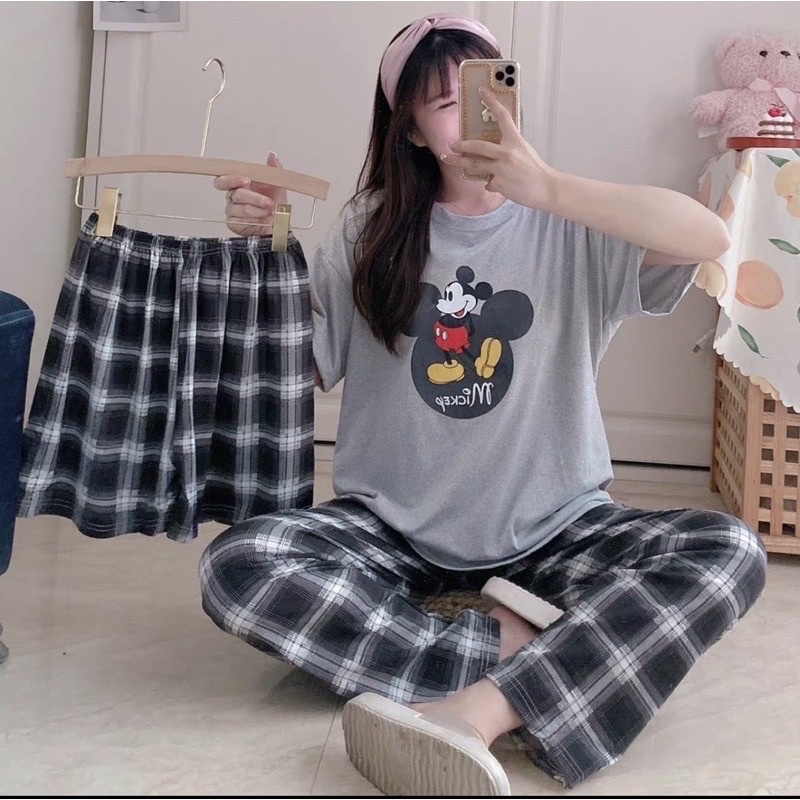 JC- Stelan Oversize 3in1 Import / Piyama 3in1 / Piyama Korea wanita terbaru Murah-3in1 Mickey Sq Grey