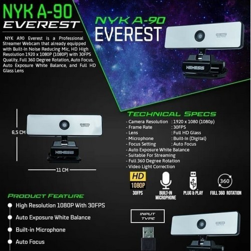 Webcam NYK Nemesis A90 A-90 Everest Auto Focus - HD 1080p - 30 Fps