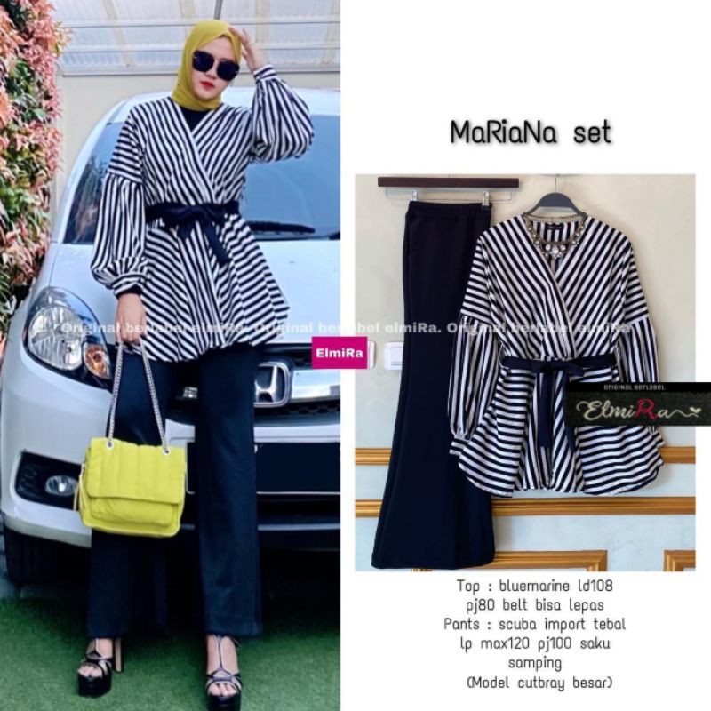 Mariana setelan blouse hitam putih lengan balon dan kulot cutbray hitam one set