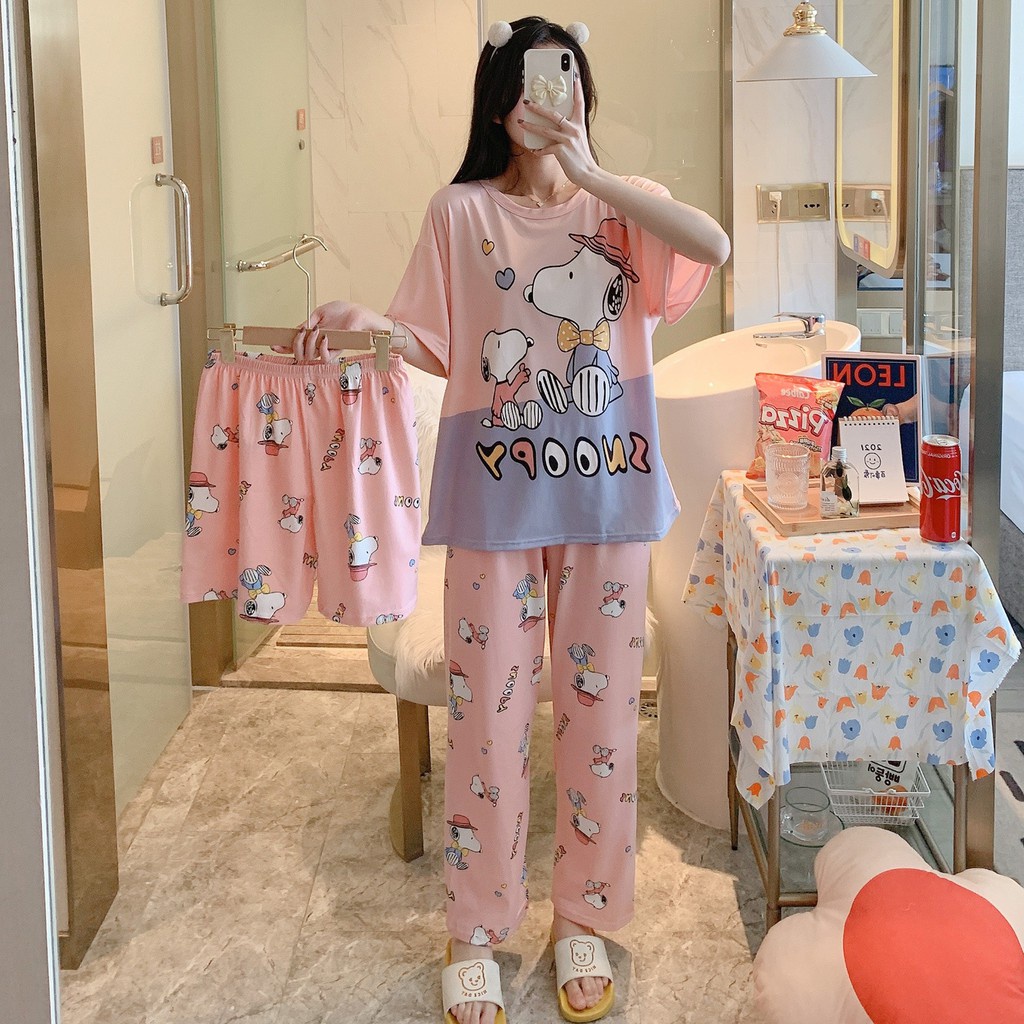 Stelan Baju Tidur Wanita Dewasa 3 IN 1 Kartun Piyama Bahan Nyaman Wanita Dewasa import