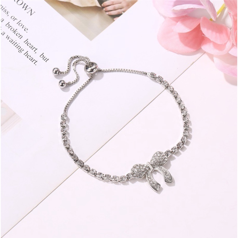 Gelang Tangan Serut Cakar PITA Rantai Adjustable Korea Fashion Pendan Kupu kupu Hias Zirkon Warna Emas Berlian Untuk Wanita Aksesoris Cewe