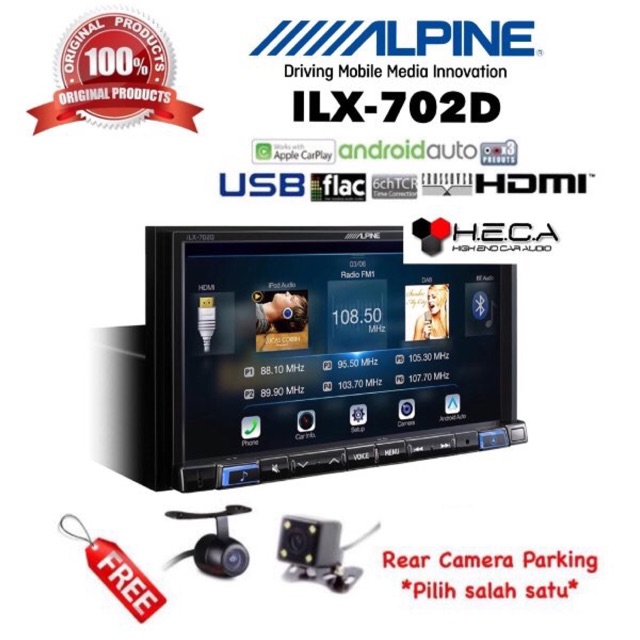 Alpine ILX-702D Head Unit 7 inch Hi-Res Double Din Tape Audio Mobil & Rear Camera