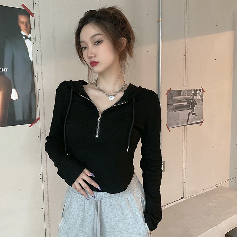 Suhao Pure Desire Top Wanita Sweater Musim Semi Baru Fashionable Tinggi Pinggang Slim Hooded Lengan Panjang