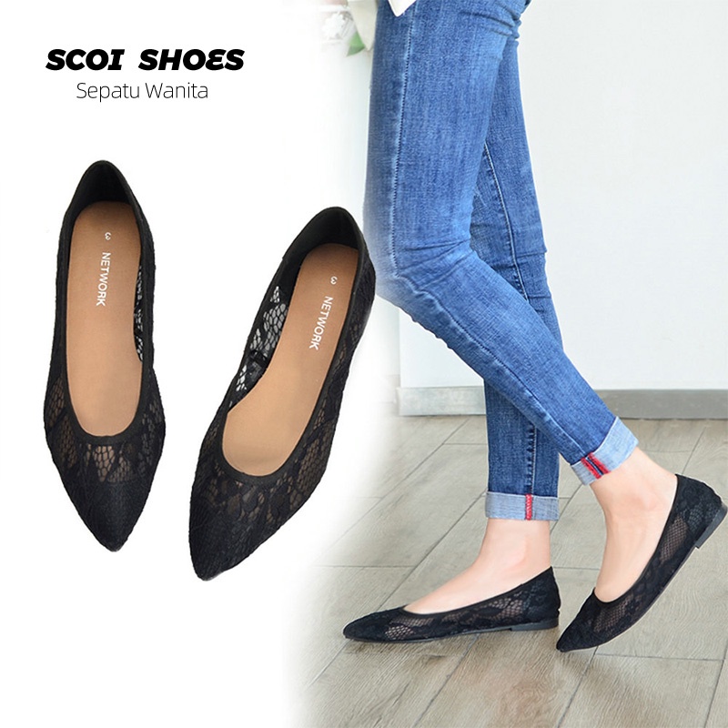 Sepatu Flat Wanita Import Terbaru Bahan Lace Korea Fashion Wanita Import Sepatu Non-Slip