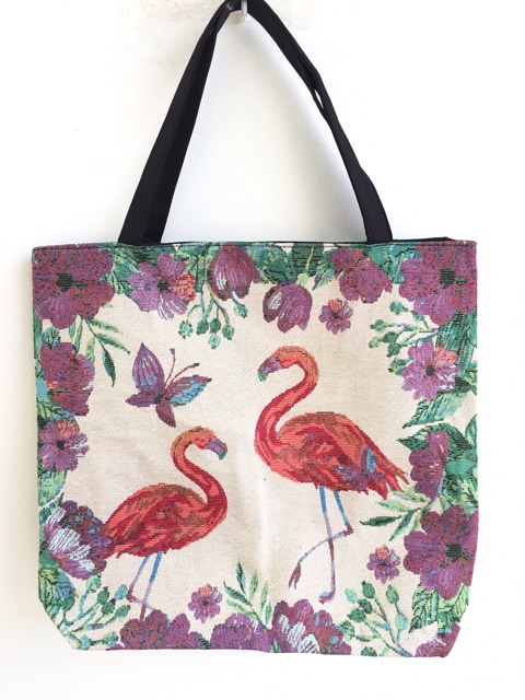 Tas tote bag wanita fashion kanvas import flamingo edition