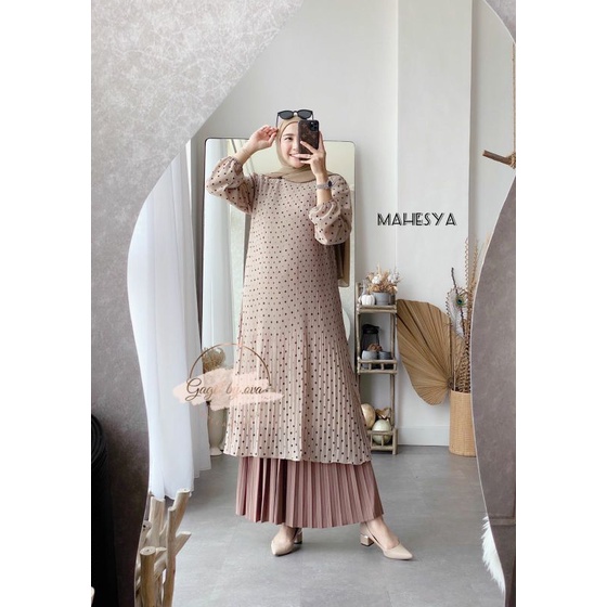 Setelan tunik rok prisket plisket Mahesya by gagil long tunik motif polkadot setelan wanita