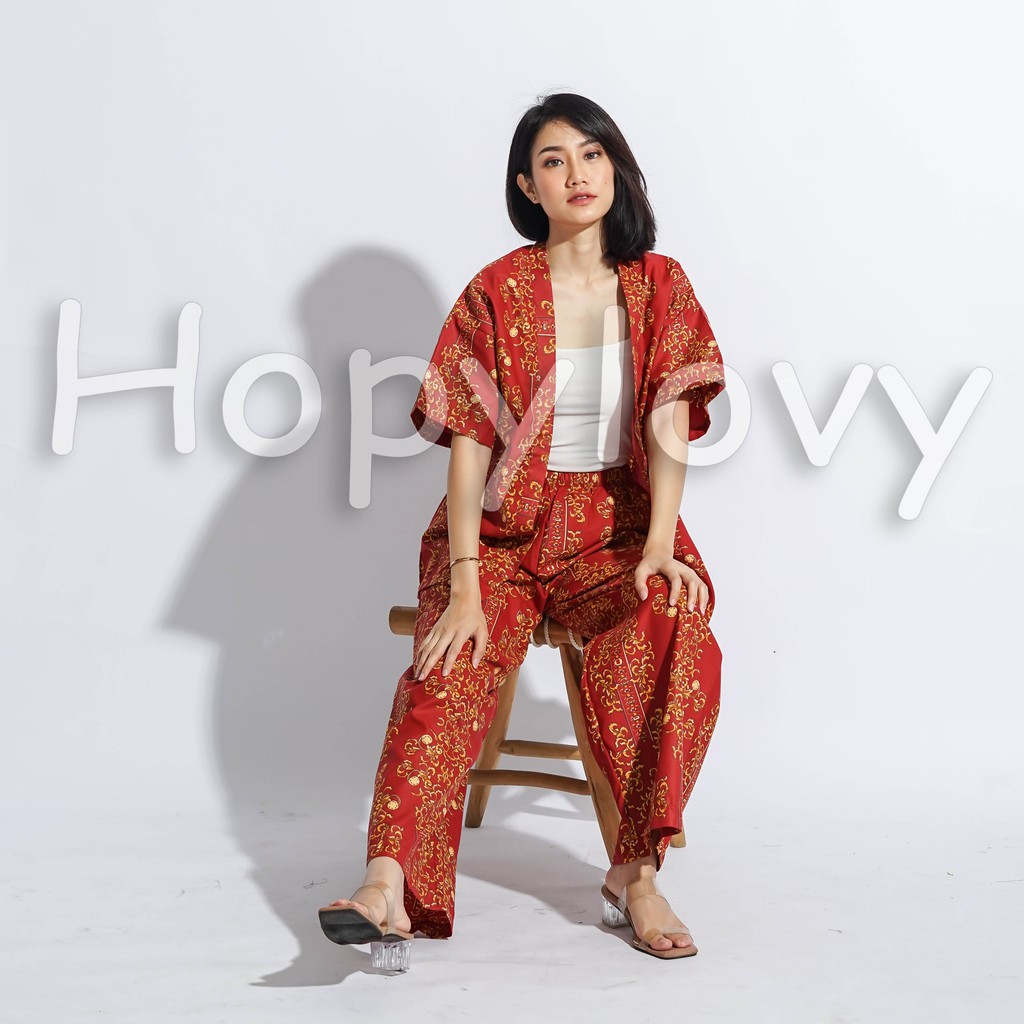 HOPYLOVY - Outer Setelan Wanita Motif Batik Bahan Katun Jepang Nilam