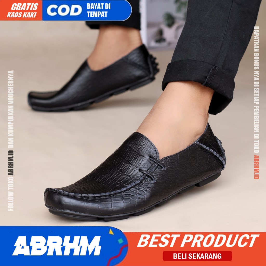 ABRHM x MOCLAY Sepatu Slip On Casual Pria Sepatu Slop Cowok Mocasin Anti slip Kulit Asli Sepatu kerja Pantofel Semi formal Keren Kekinian Original