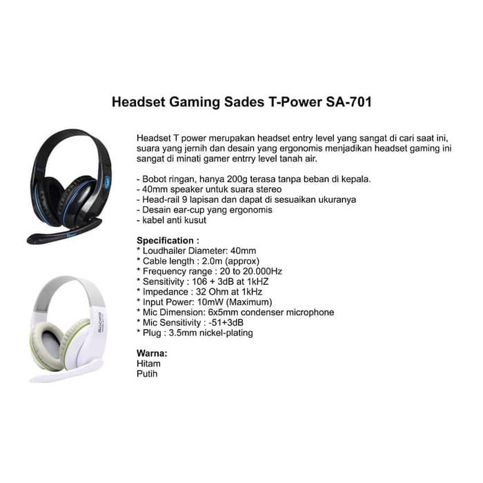 Headset gaming sades Sa-701 Tpower - Headset Sades T-power