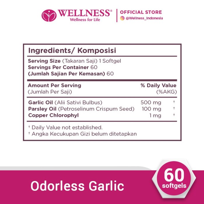 Wellness Odorless Garlic 500mg (60 Tablets)