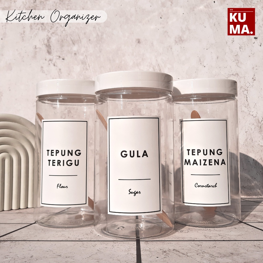 Toples 1000ml TUTUP PUTIH Bahan Plastik PET Toples Bening Tepung Gula Kopi Aesthetic Toples Dapur Minimalis Dengan Label Anti Air