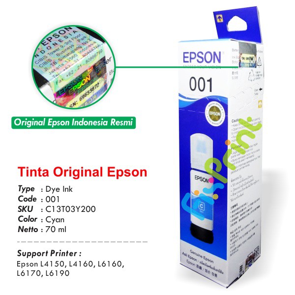 Tinta Refill Botol Epson 001 Cyan / Magenta / Yellow 70ml Printer L4150 L4160 L6160 L6170 L6190