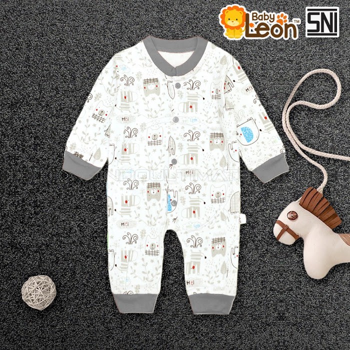 SNI Jumpsuit panjang BABY LEON 0-12 bulan COTTON Jumper Bayi Baju Tidur Bayi Anak BC-071 Piyama kaos-Safari Grey