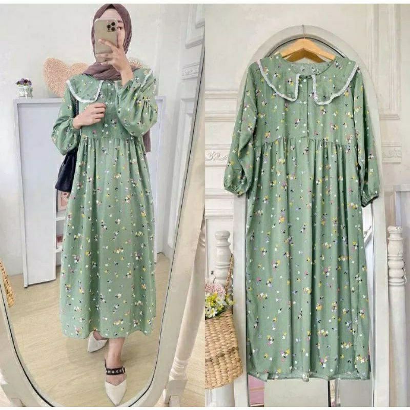 MIDI RAYON FITE HIJAU | DRESS BUSUI RESLETING MOTIF BUNGA KECIL MINT | GAMIS KERAH