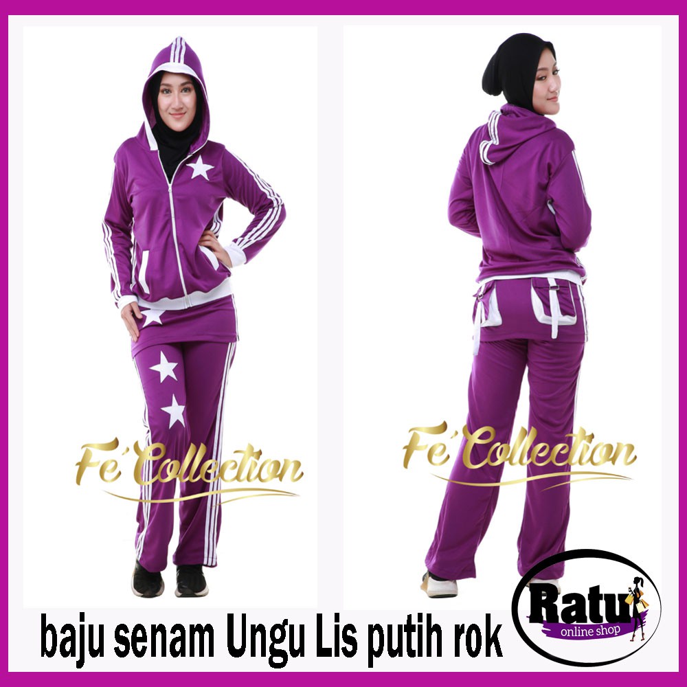 TERLARISbaju senam muslim Ungu Ungu Lis putih rok / Baju senam muslim Ungu lis putih rok /Baju senam