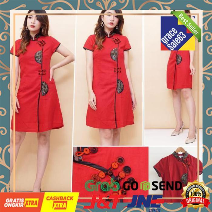 Sale Fashion Wanita Dress Cheongsam Qipao Rami - Merah Cabe, S