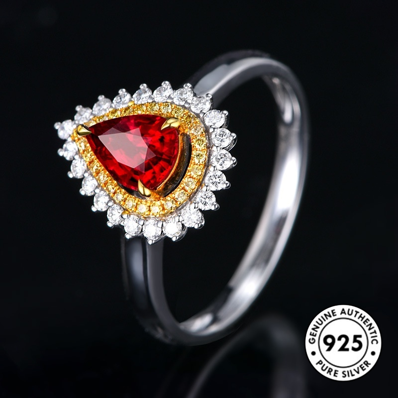 Cincin Ruby S925 Silver Bentuk Pir Water Drop Untuk Wanita