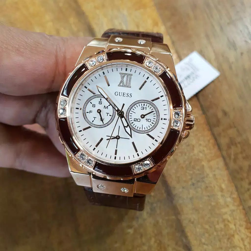 Jam Tangan Original guess W0775 wanita tali kulit coklat rose gold