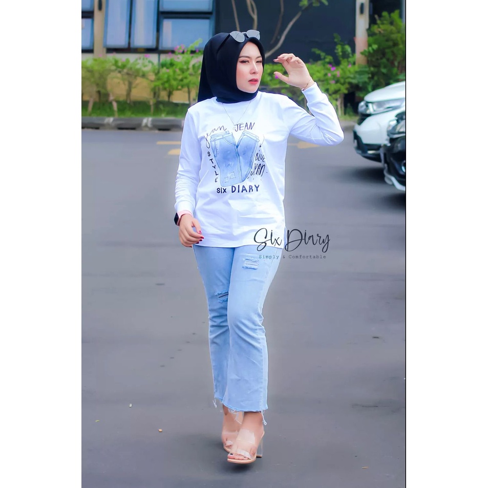 Baju Wanita Fashion wanita Kaos Wanita Atasan Wanita Kaos Lengan Panjang Wanita Six Diary Motif JEANS WARNA PUTIH// Style Zolaqu//BAJU WANITA LENGAN PANJANG / SWEATER WANITA KEKINIAN / KAOS WANITA TRENDY / ATASAN WANITA TERBARU 2022