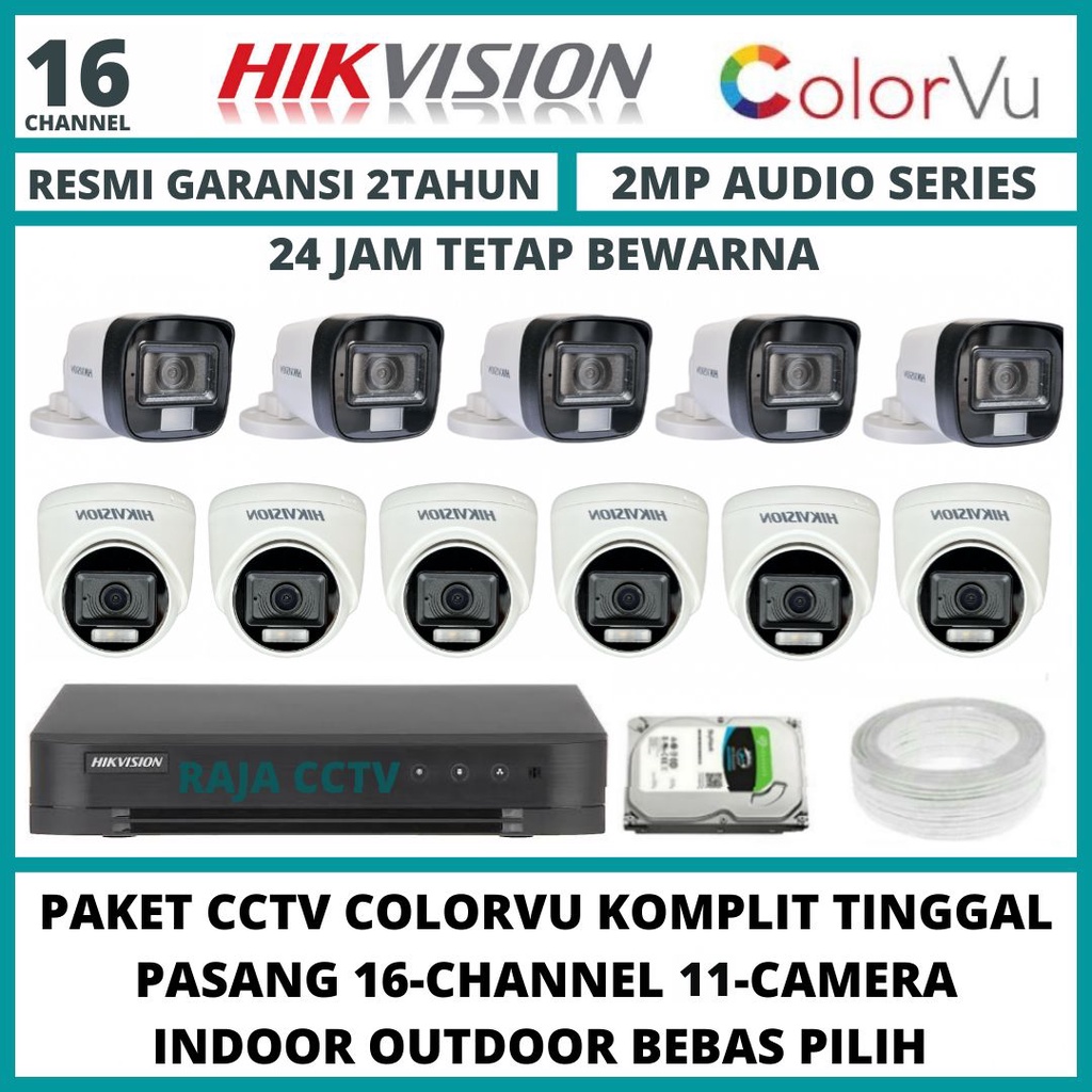 PAKET CCTV HIKVISION 2MP COLORVU 16 CHANNEL 11 CAMERA TURBO HD KAMERA CCTV COLORFUL