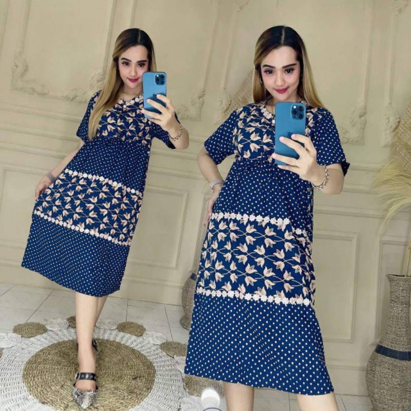 Daster Susun 2 Motif Kekinian Isyana Sarasvati Rayon Resleting Depan Busui Bunga Tulip ft Polkadot