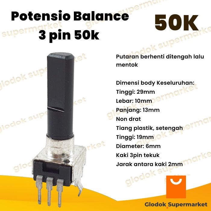 Potensio Balance 3 pin 50k Mono Kaki 3 Tekuk Segi Hitam 503