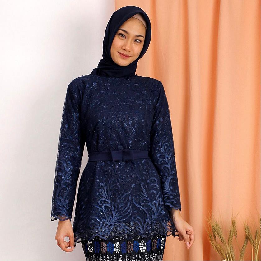 (DIJAMIN REALPICT) Kebaya Manohara Tile Bordir Glitter + Mutiara Tunik Wisuda Kondangan Rok Plisket-NAVY ATASAN AJA