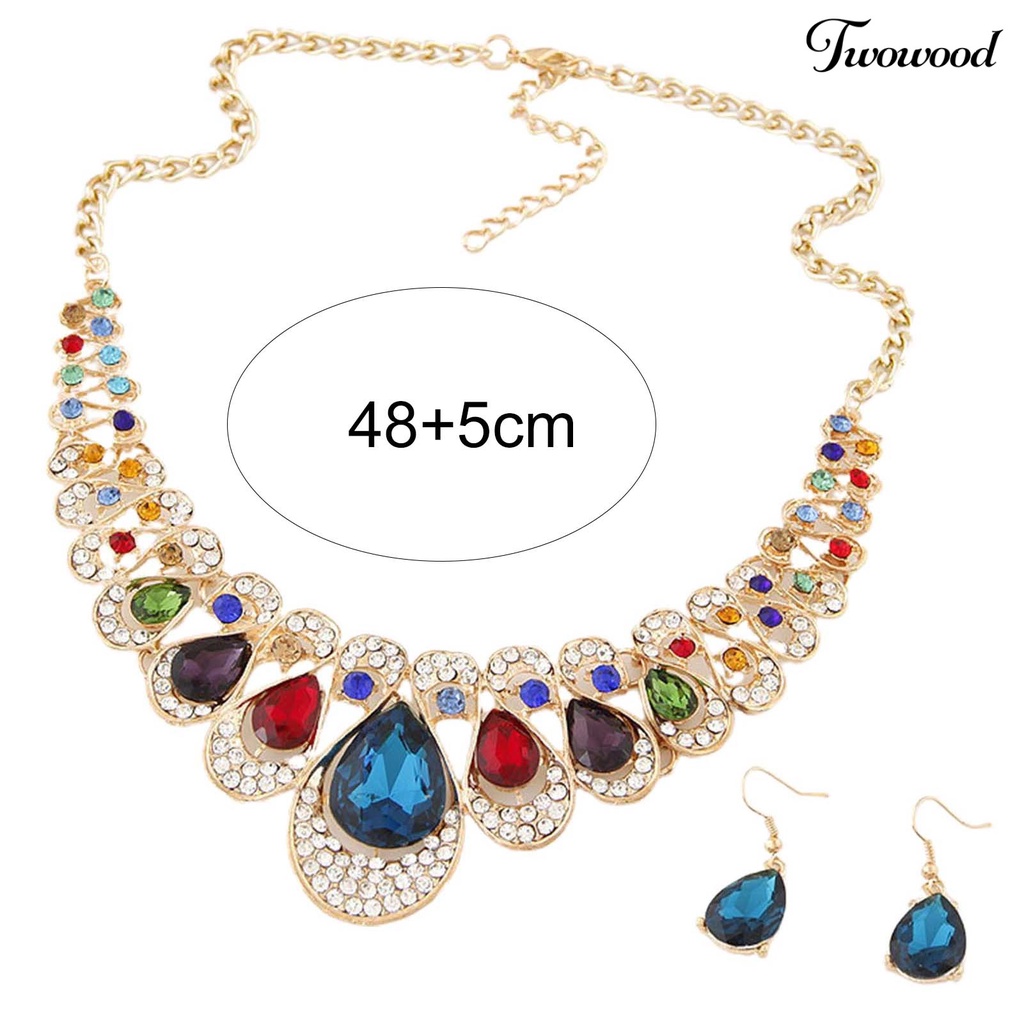 Twowood 2Pcs/Set Exaggerated Noble Beautiful Necklace Earrings Multicolor Water Drop Faux Gem Pendant Necklace Earrings Jewelry Accessory