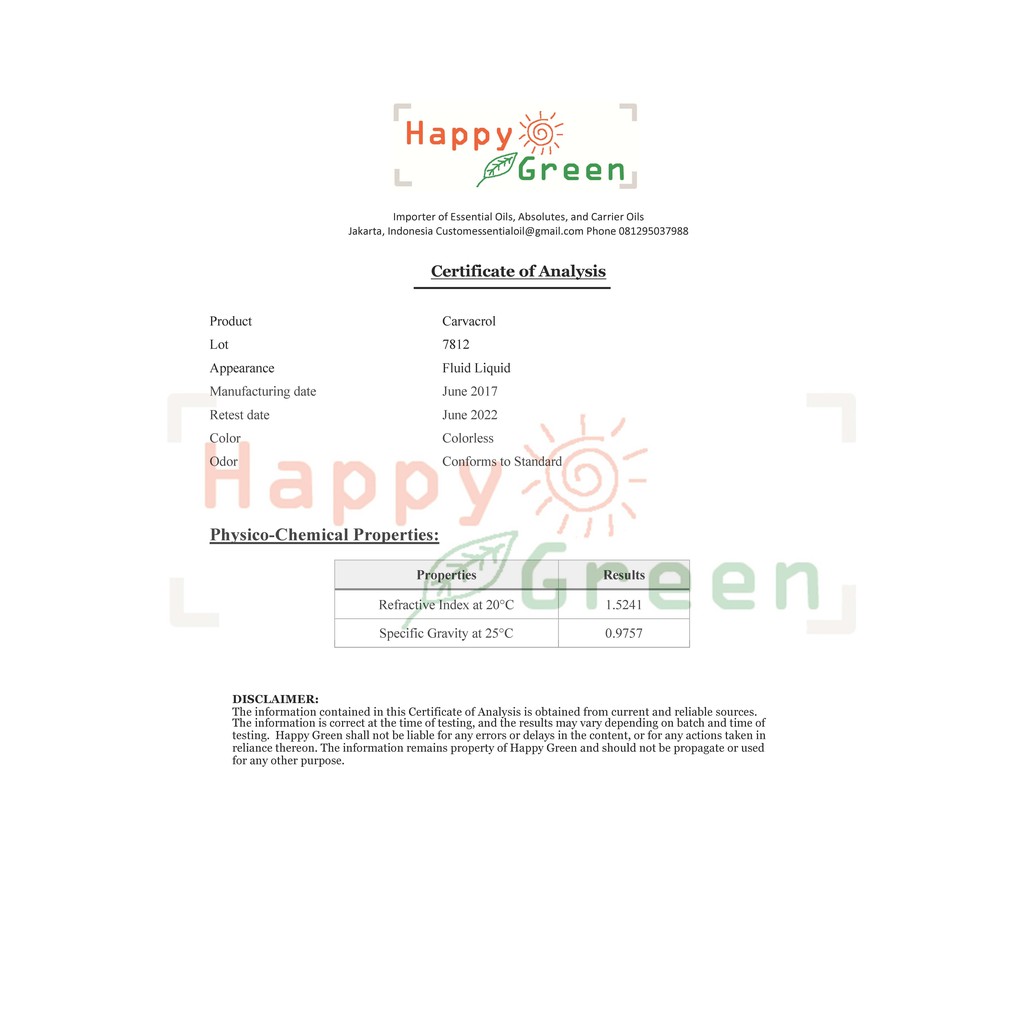 Happy Green Carvacrol Oil  - Minyak Carvacrol 100% Murni