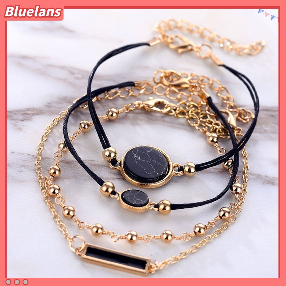 4pcs / Set Gelang Tali Rantai Hias Batu Bulat Gaya Bohemian Untuk Wanita