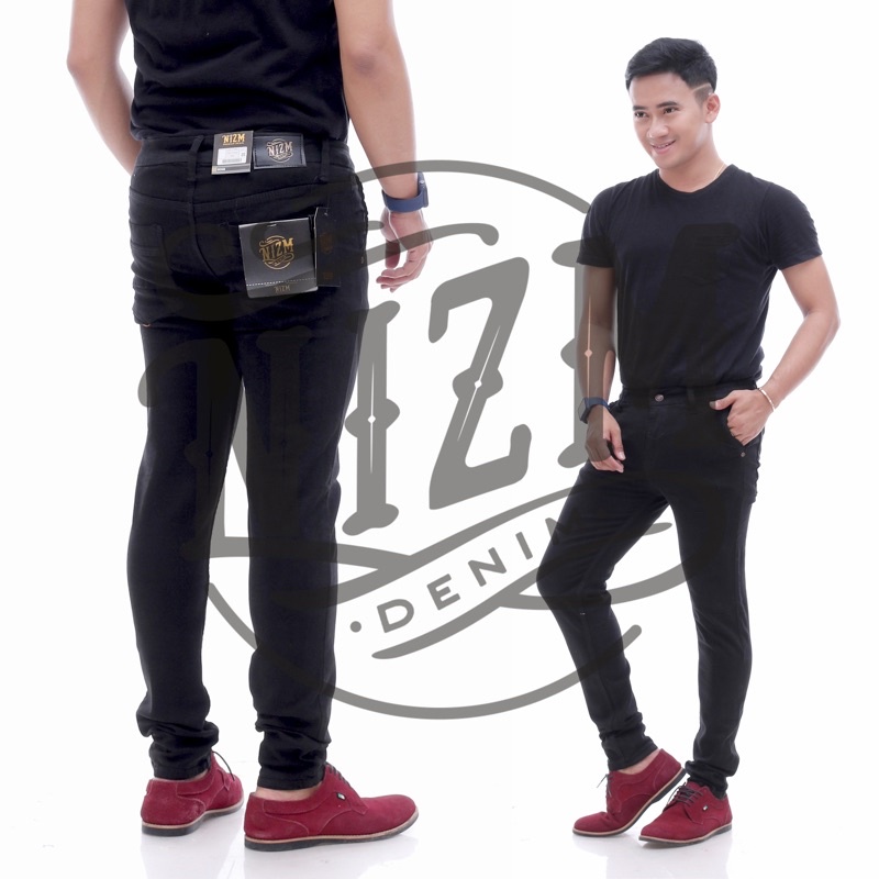 NIZMDENIM CELANA JEANS PRIA HITAM PENSIL SNOW BLACK / SNOW LIGHT ACID / STRECTH NGARET MELAR