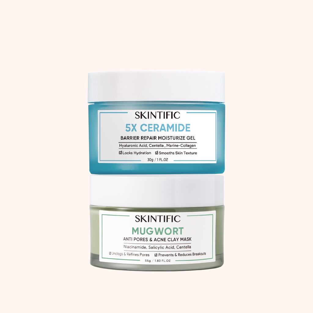 【Skintific Outlet Official】SKINTIFIC Acne  Barrier Paket Skincare with 5x Ceramide Moisturizer Cream Pelembab Wajah + Mugwort Mask Anti Acne Mud Mask Masker Wajah【BPOM】