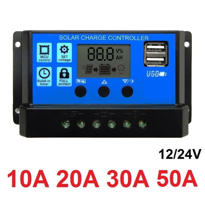 PWM Solar Charge Controller 10A 20A 30A 50A 60A 12V/24V Charger LCD Display USB Surya Matahari