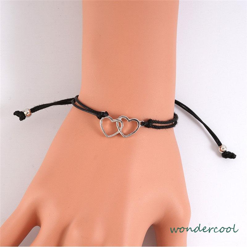 2 Pcs Fashion Ganda Bentuk Hati Gelang Adjustable Tenun Wanita Pria Gelang Pasangan Hadiah Perhiasan Aksesoris -Won