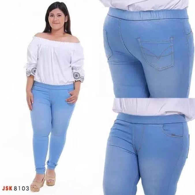 BARANG MURAH SIZE 35 -42 CELANA LEGGING WANITA JEANS PINGGANG KARET 4 WARNA - BIRU AQUA, 35 FREE