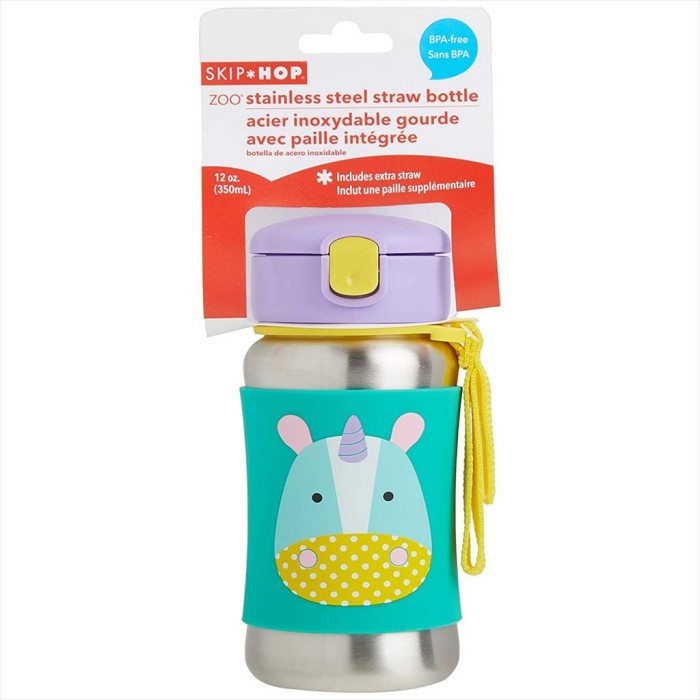 SKIP HOP Zoo Stainless Straw Bottle  (3Y+) Dengan Strap / Botol Minum Anak Stainless Steel  / Anti Karat/ SKIPHOP ZOO / SKIP HOP ZOO SS BOTTLE / Botol Minum Sekolah anak / anti tumpah/ Botol minum stainless anak lucu karakter /Tahan Lama Panas dan Dingin