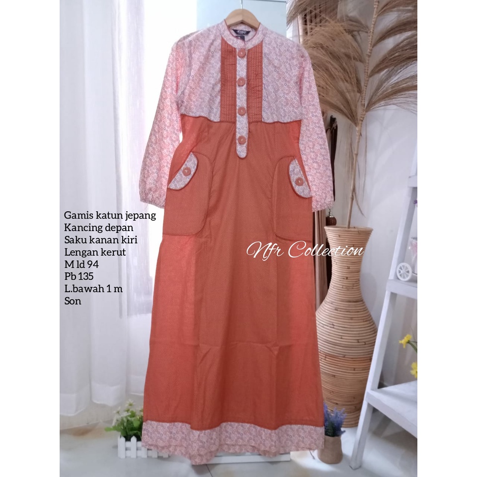 promo gamis lidya katun jepang kombinasi polos busui model A line M ld 94dan L ld 102