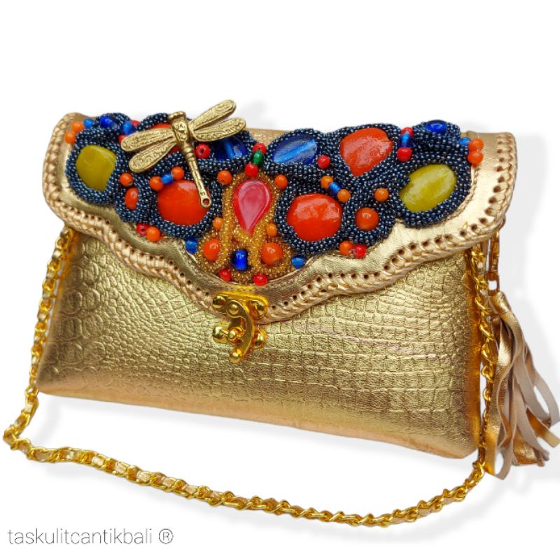 Clutch Pesta Maia Size S Gold Color - Clutch Model Awan Asli Tas Kulit Ular Domba