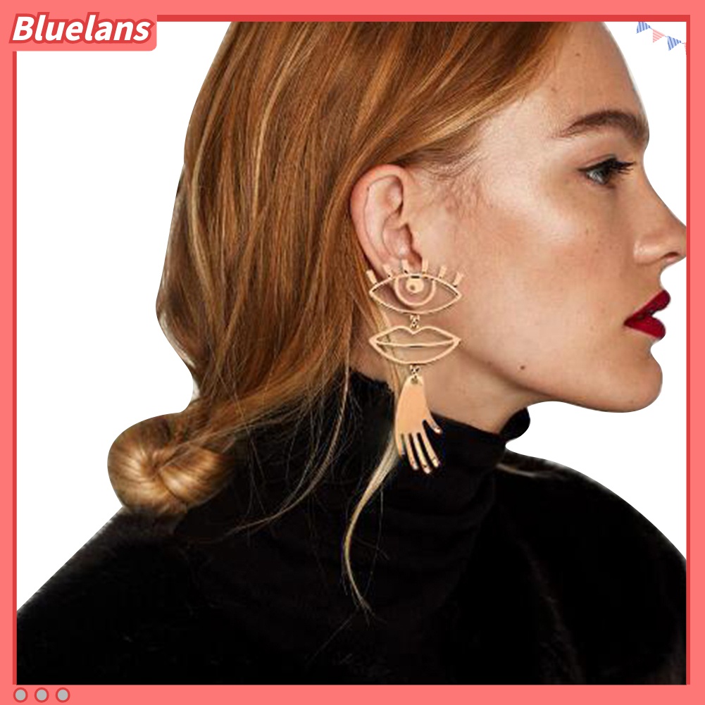 Anting Stud Panjang Desain Mata Bibir Tangan Model Hollow Gaya Punk Untuk Wanita